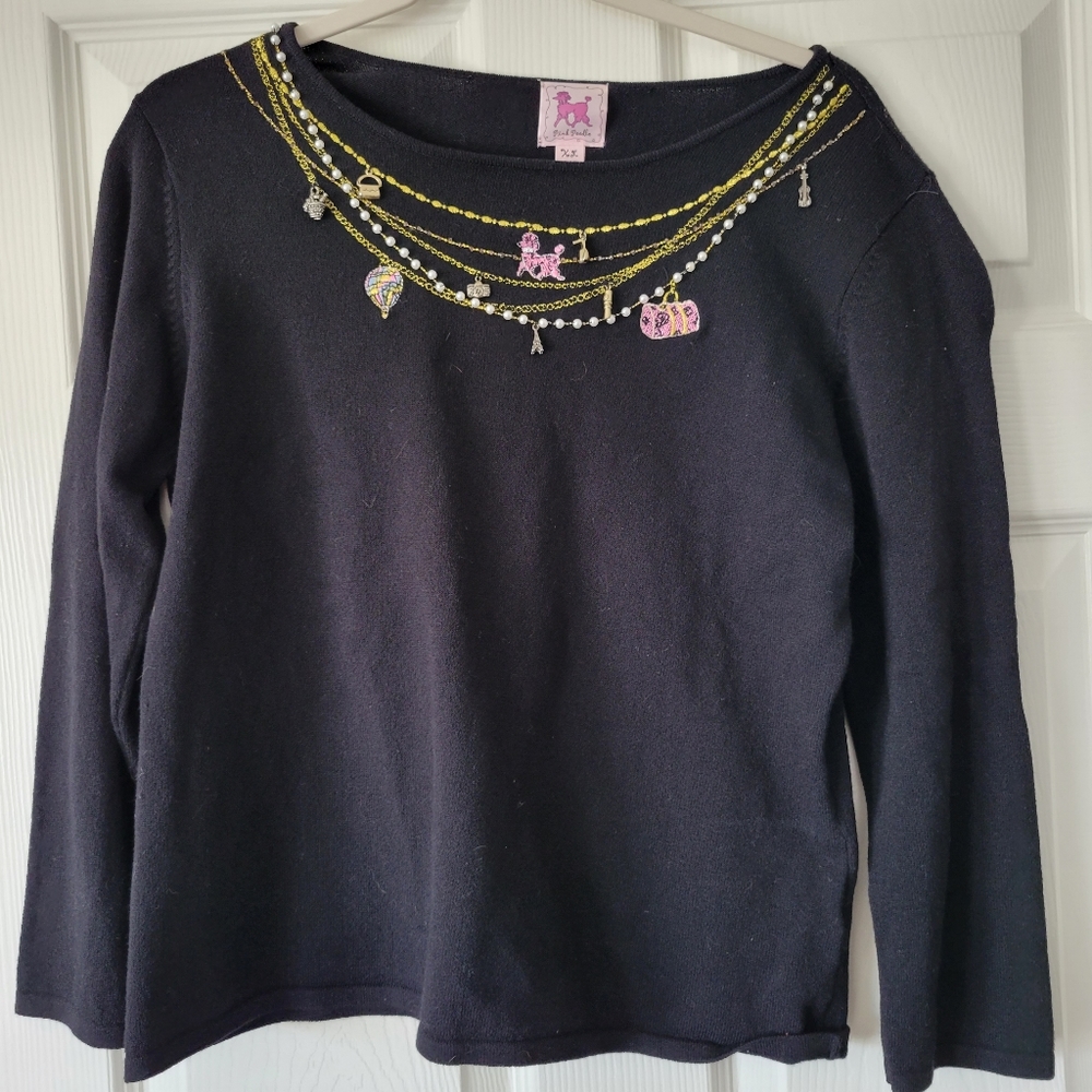 Pink Poodle pullover sweater  black embroidered 3/4 sleeve charms beads